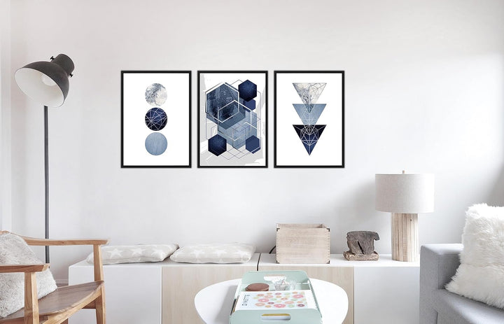 ag.art deco Moderne Poster Set | 3 Stück DIN A4 21x30cm MIT RAHMEN schwarz | Dreiecke und Kreise Tri
