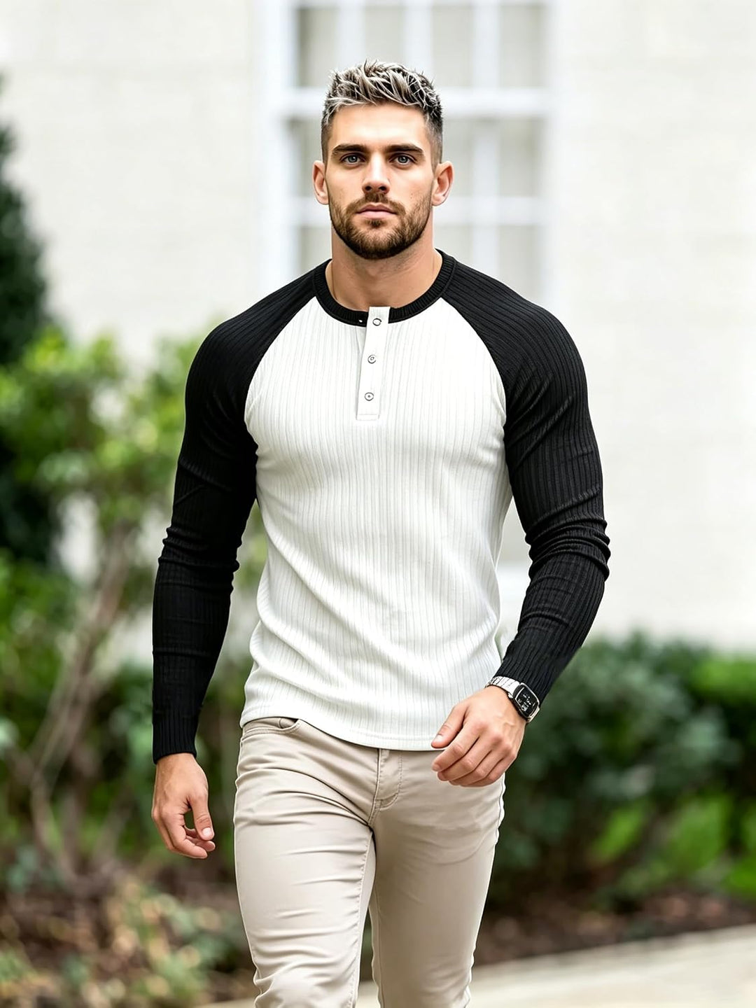 Lehmanlin Langarmshirts, Henley Langarm/Kurzarm Pullover, Slim Fit Sport Muskelshirts M Weiss+schwar