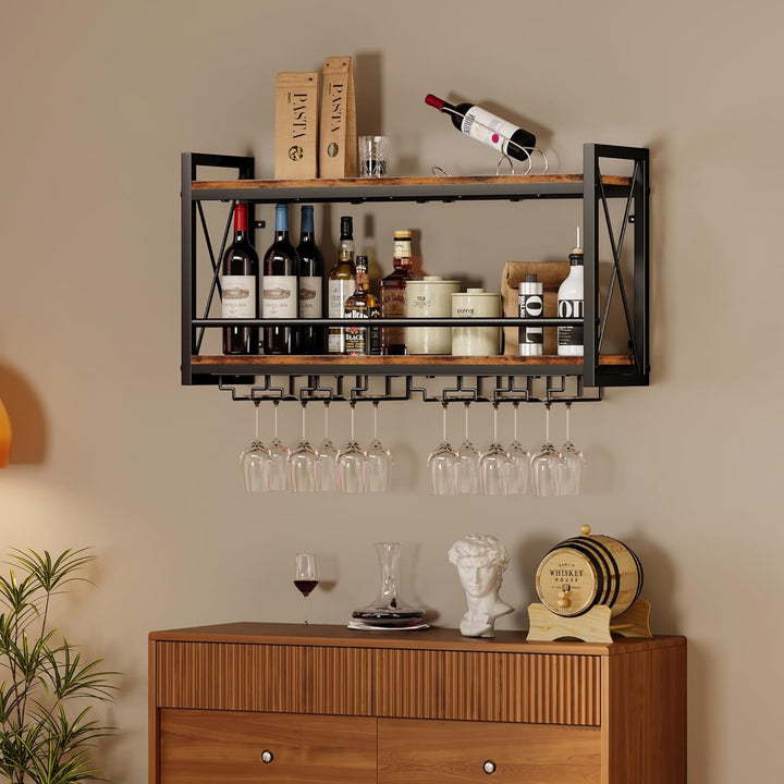 Homeiju Wandmontiertes Weinregal, Flaschen- und Glashalter, Holz, Metall, Retro, schwimmendes Weinre