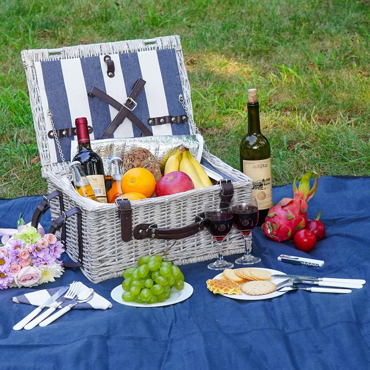Picknickkorb-Set für 2 Personen mit Isolierkühler, wasserdichte Picknickdecke, Geschirr für Familie,