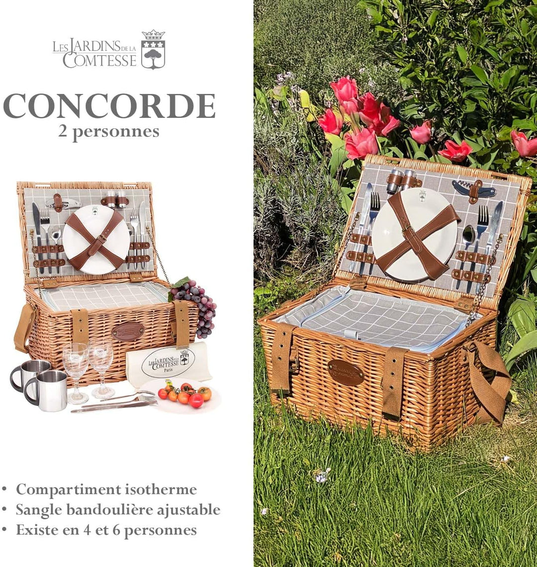 Les Jardins de la Comtesse - Picknickkorb aus Weidengeflecht Concorde - für 2 Personen, Kühlbox, Tel