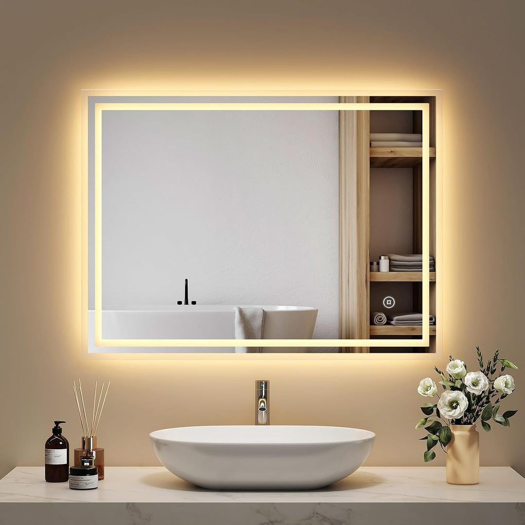EMKE Badspiegel mit Beleuchtung 80x60cm, Badezimmerspiegel mit 3 Lichtfarben dimmbar, Antibeschlag,