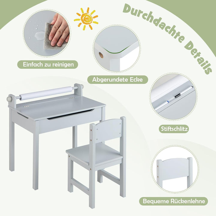 DREAMADE Schreibtisch Kinder mit Stuhl, Schülerschreibtisch aus Holz, Jugendschreibtisch, Kindertisc