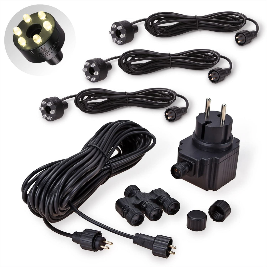 CLGarden Beleuchtung Set für Springbrunnen mit 3 warmweissen LED Ringen IP44 12V Trafo 10 Meter Verb