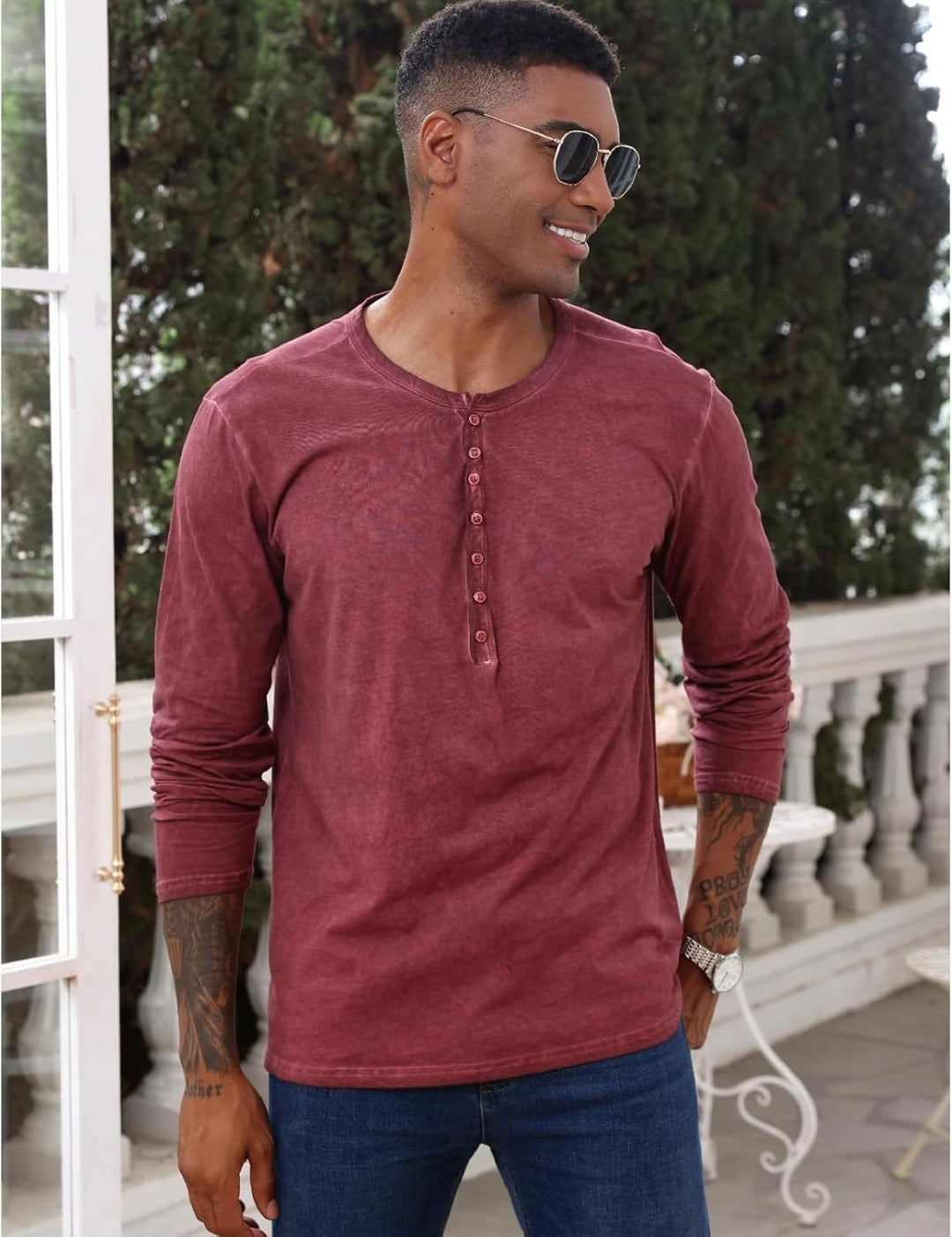 YawYews Henley Shirt Herren Langarm Langarmshirt Herren Longsleeve T Shirt Vintage Tshirt Baumwolle
