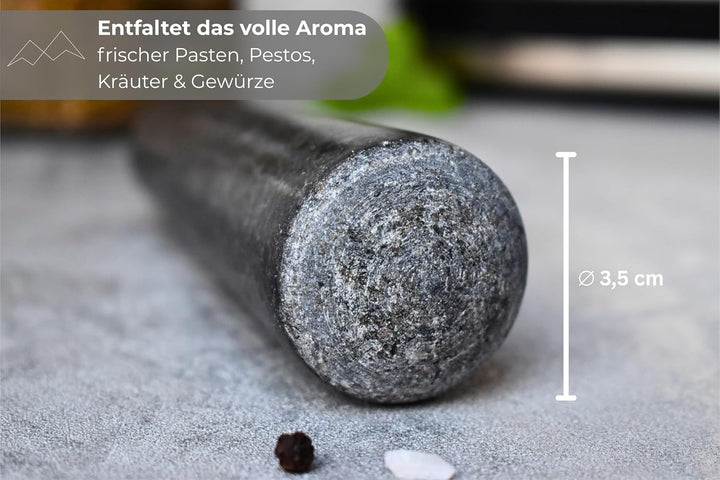 BERGART Mörser mit Stössel – Edler Mörser aus hochwertigem Granit mit extra langem Stössel und stabi