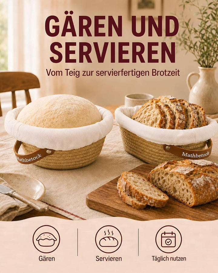 Banneton Gärkörbchen Set Sauerteig, Brot Gärkorb Set aus Baumwollseil mit 23 cm rundem Gärkörbchen u