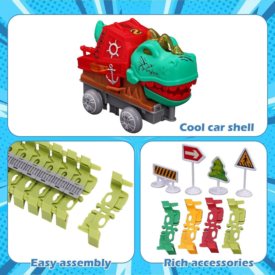 Autorennbahn 288 Stück, Flexible Rennbahn mit Dinosaurier-Auto, Anti-Gravitations Rennstrecke Spielz