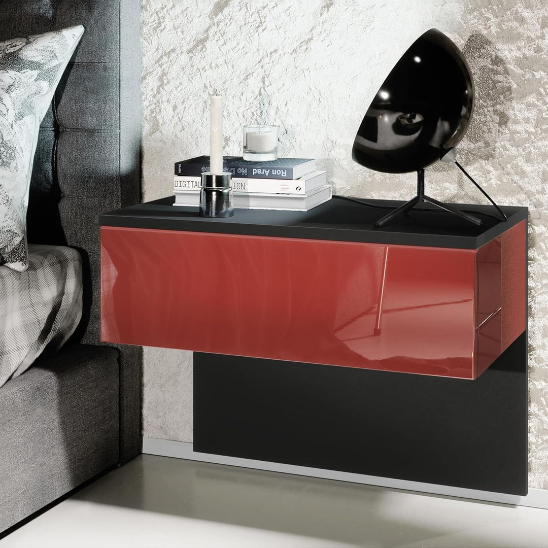 Vladon Nachttisch Sleep, Nachttischschrank mit Schublade zur Wandmontage, Schwarz matt/Bordeaux Hoch