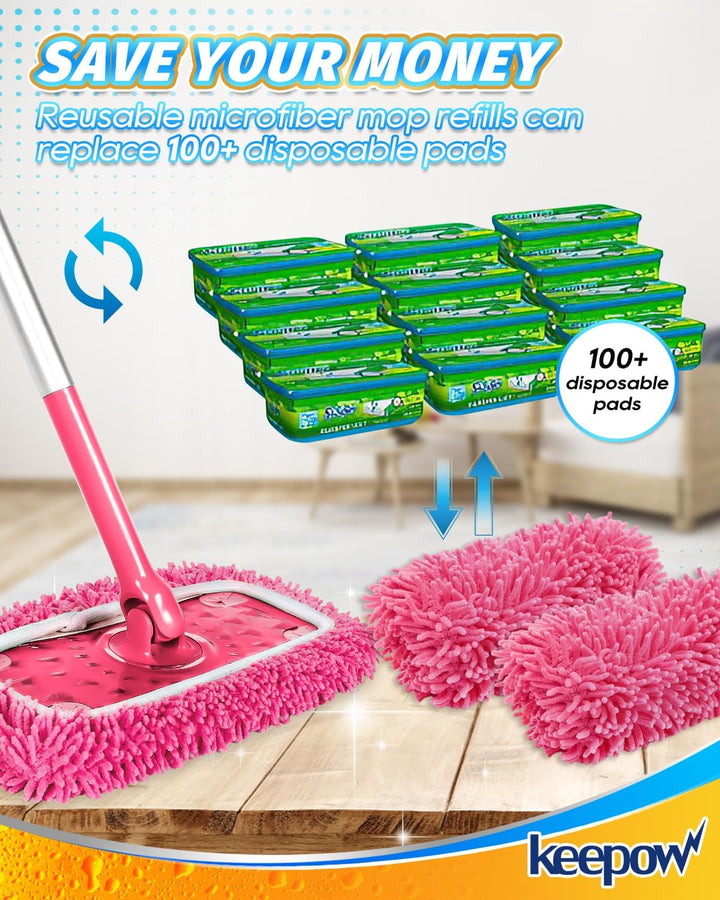 KEEPOW Wiederverwendbare Bodentücher für Swiffer Bodenwischer, Rosa Mikrofaser Tücher für Swiffer Fe