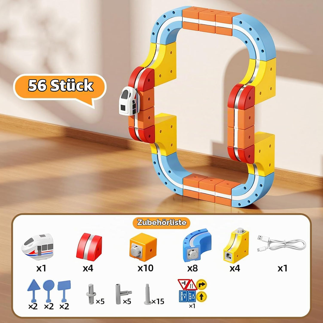 56 Pcs Clickrail Electric Train Set, Geschenk Junge Mädchen 3 4 5 6 7 8 Jahre DIY Cube Track Spielze