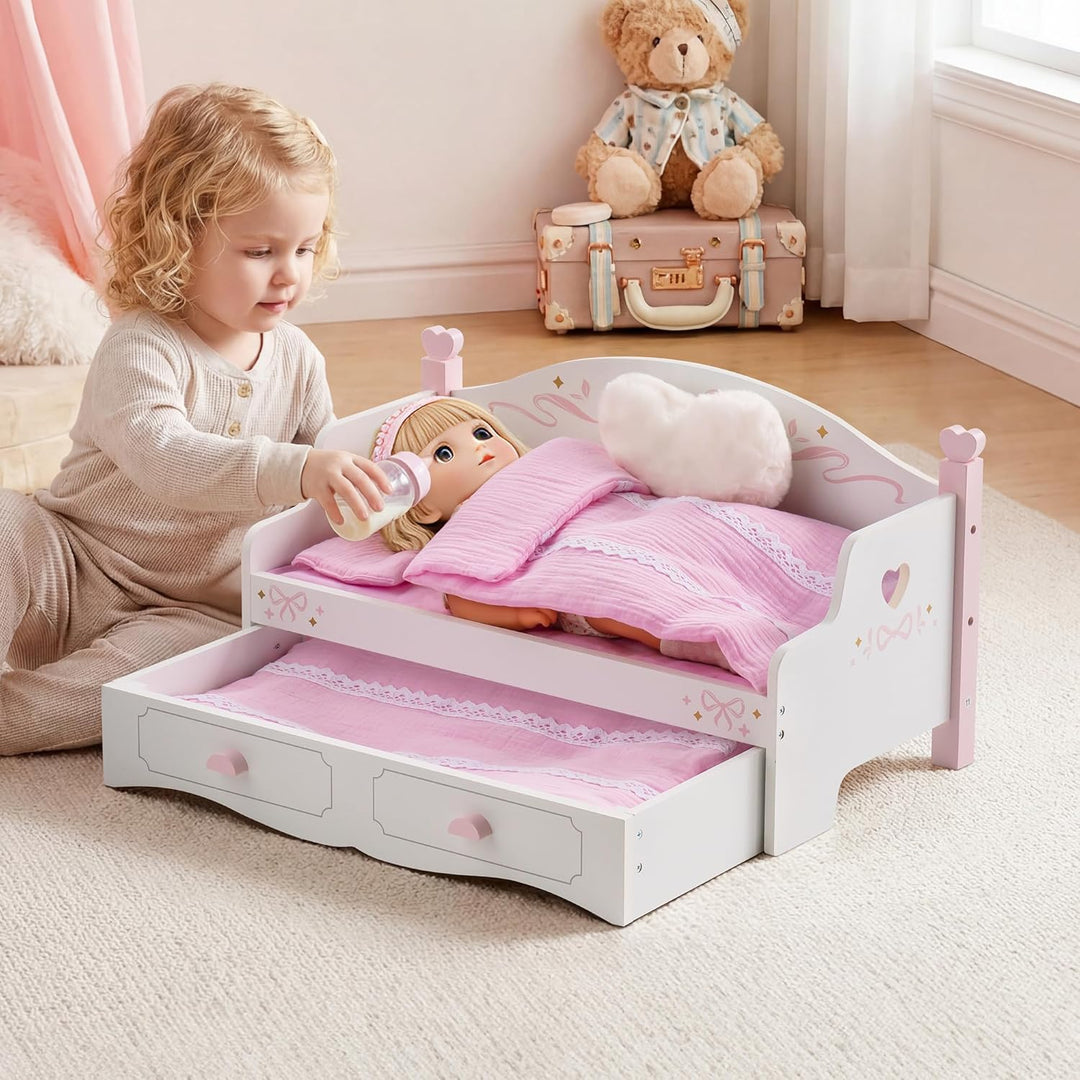 ROBOTIME Holz Puppen Doppelbett, Sofa Bett mit Ausziehfunktion, Puppen Etagenbett mit 2 Sets Bettwäs