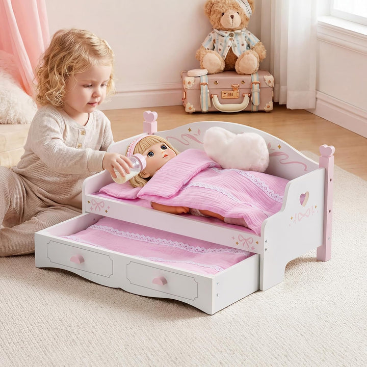 ROBOTIME Holz Puppen Doppelbett, Sofa Bett mit Ausziehfunktion, Puppen Etagenbett mit 2 Sets Bettwäs