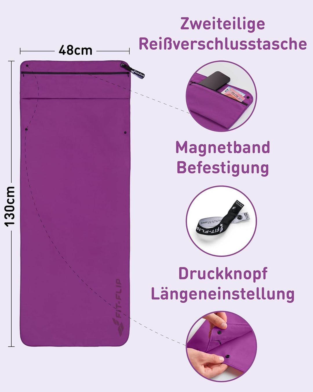 Fit-Flip Fitness Handtuch aus Mikrofaser kompakt und schnelltrocknend | mit Magnet und Reissverschlu