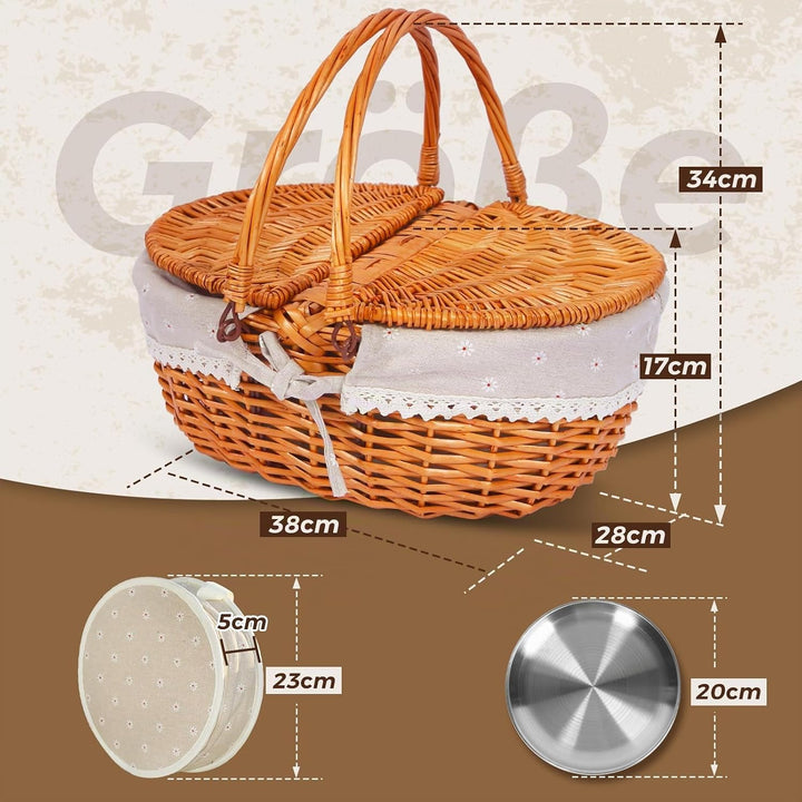 Picknickkorb-Set aus Weide für 4 Personen mit Deckel und Griff. Picknickkorb mit waschbarem Futter u