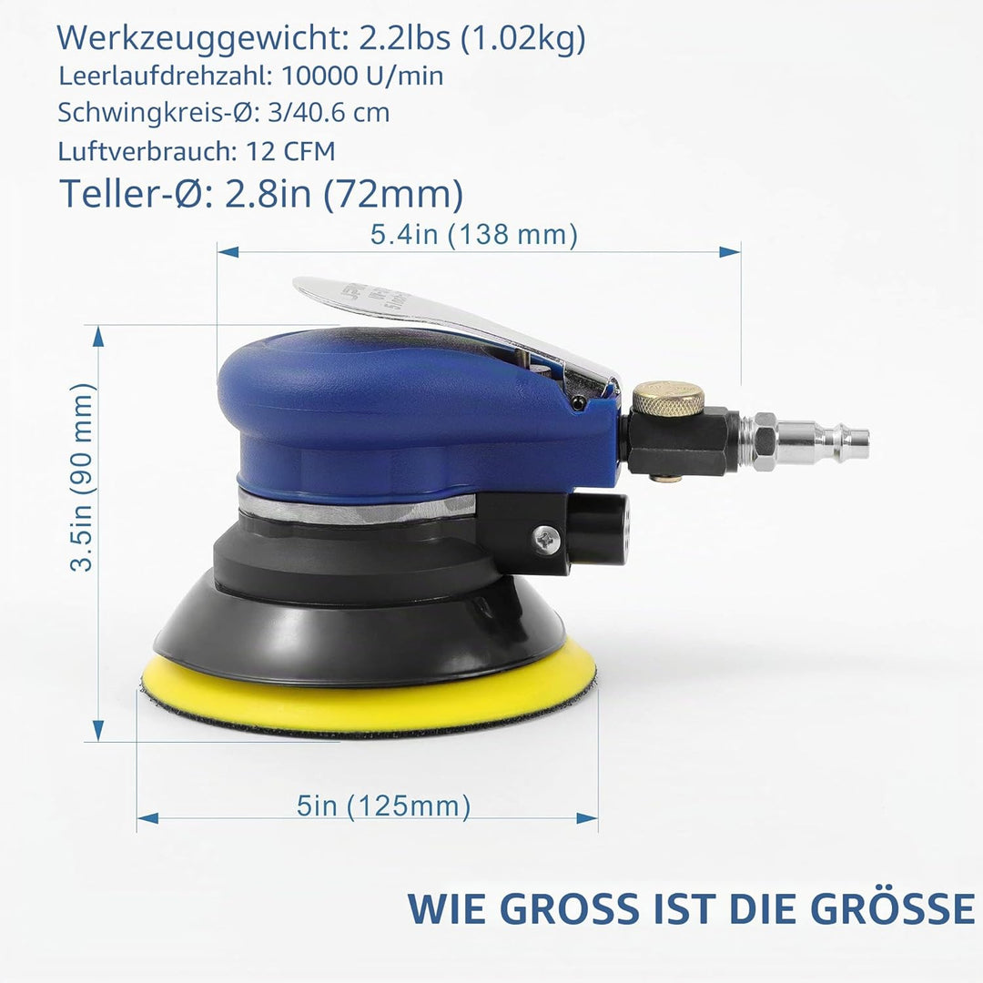 5 Zoll Luft-Random-Orbital-Schleifer, ohne Absaugung, 125mm pneumatischer Handschleifer mit 8 Schwam