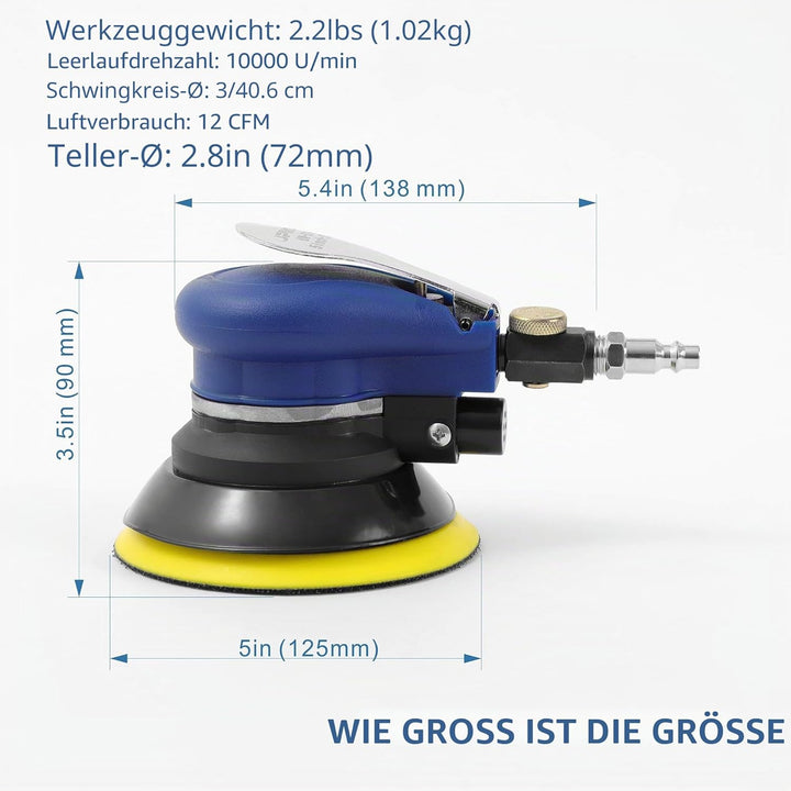 5 Zoll Luft-Random-Orbital-Schleifer, ohne Absaugung, 125mm pneumatischer Handschleifer mit 8 Schwam