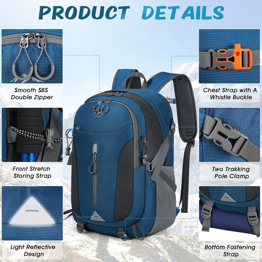 RAINSMORE Wanderrucksack Herren Damen 40L Wasserdichter Rucksack Leichter Faltbarer Reiserucksack Gr