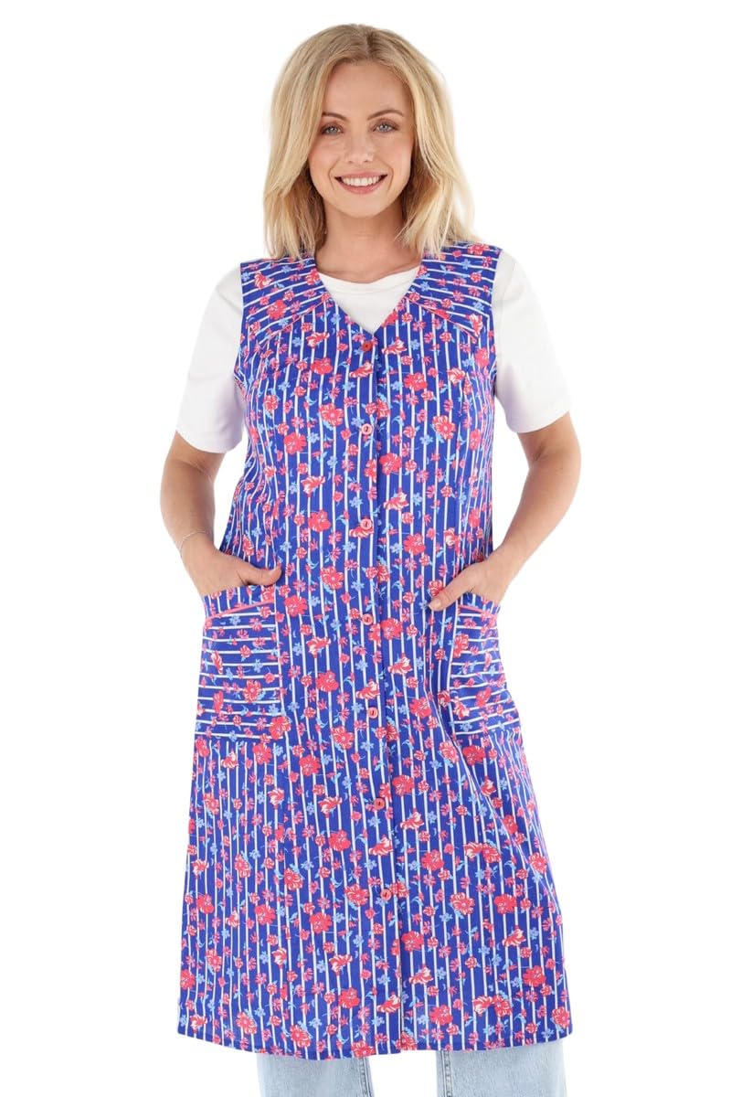 Knopfkittel Baumwolle bunt Kochschürze Hauskleid Kittel Schürze ohne Arm 38 Blau/Rot, 38 Blau/Rot