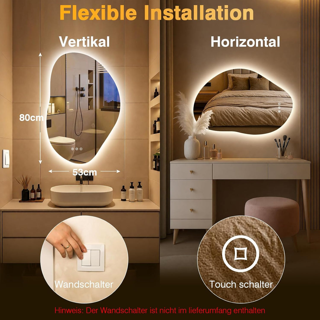 Spiegel mit Beleuchtung Asymmetrischer, LED Badspiegel mit Touch-Schalter, 3 Lichtfarbe, Dimmbar, Be