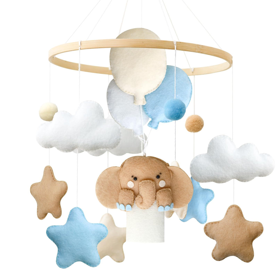 Elefant Mobile Baby Windspiele mit Filzbällen, Elefant, Heissluftballon, Sterne, Wolken Mobile Baby