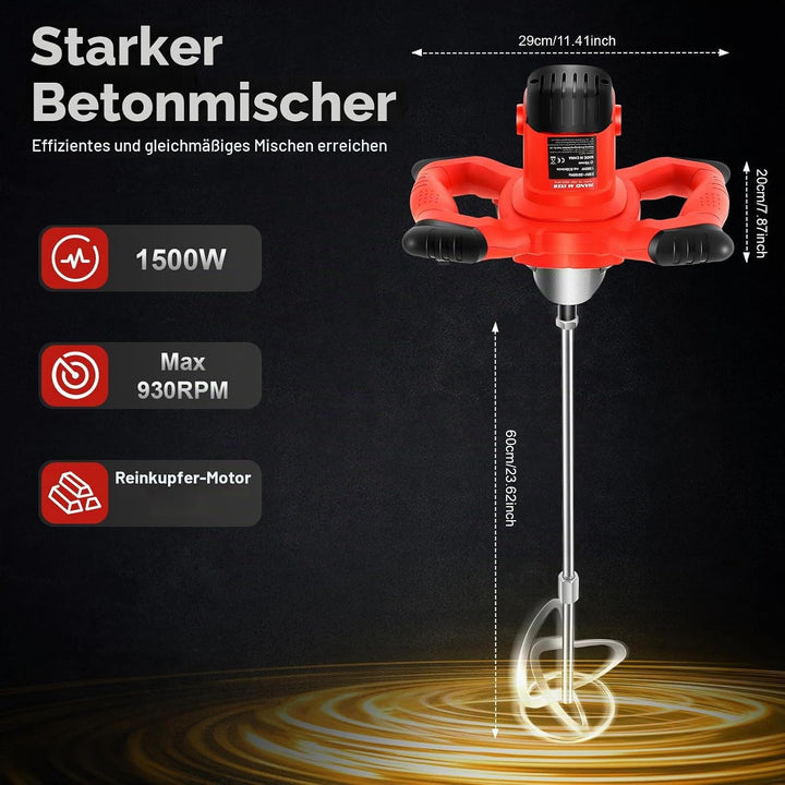 Farb-Mörtelrührer &amp; Betonmischer 1500W Elektrisch - Handrührwerk mit 6 Geschwindigkeitsstufen, 930 U