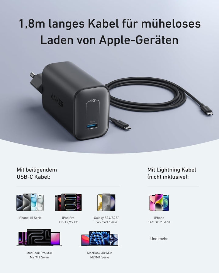 Anker Nano 100W Ladegerät, 100W MacBook Ladegerät, Netzteil für MacBook, iPad, iPhone 17/16, Galaxy,