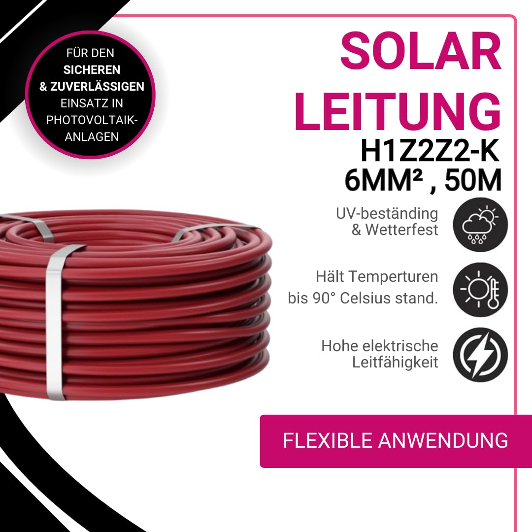 Solarkabel 6mm² I 50m H1Z2Z2-K Solarleitung für Photovoltaikanlagen I Direkt Erdverlegbar I Anschlus