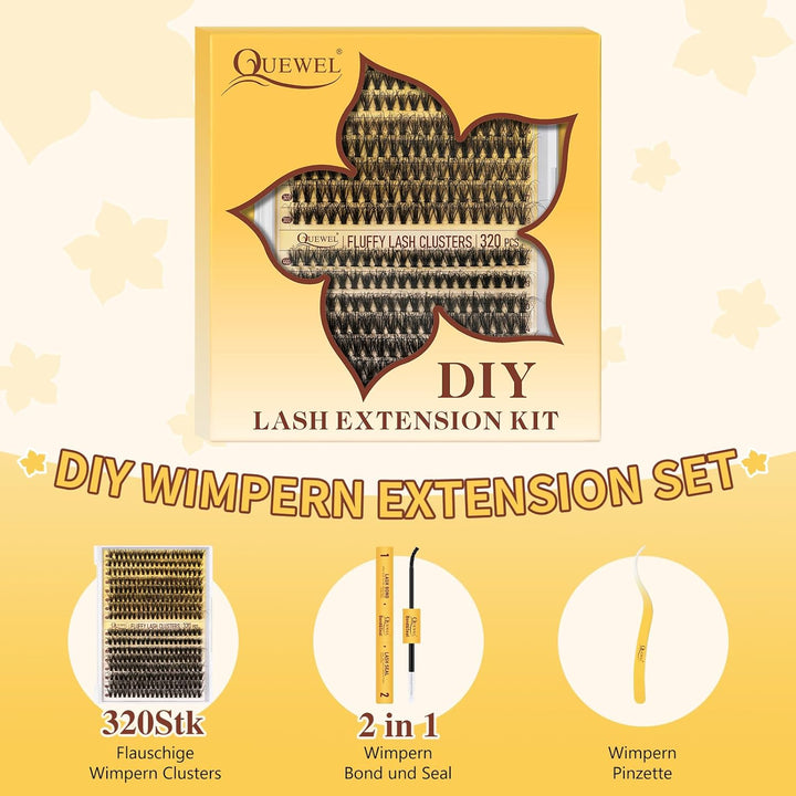 QUEWEL Wimpern-Extensions 320 Stück 30D+40D, DIY Lash Extension Set, Cluster Lashes mit Wimpernklebe