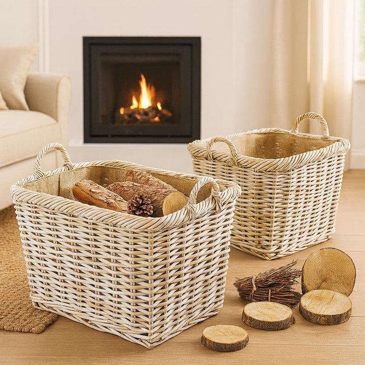 Kobolo Holzkorb für Kaminholz Kaminkorb rechteckig Kubu Grey - Rattan - Stoff hell - 2er Set