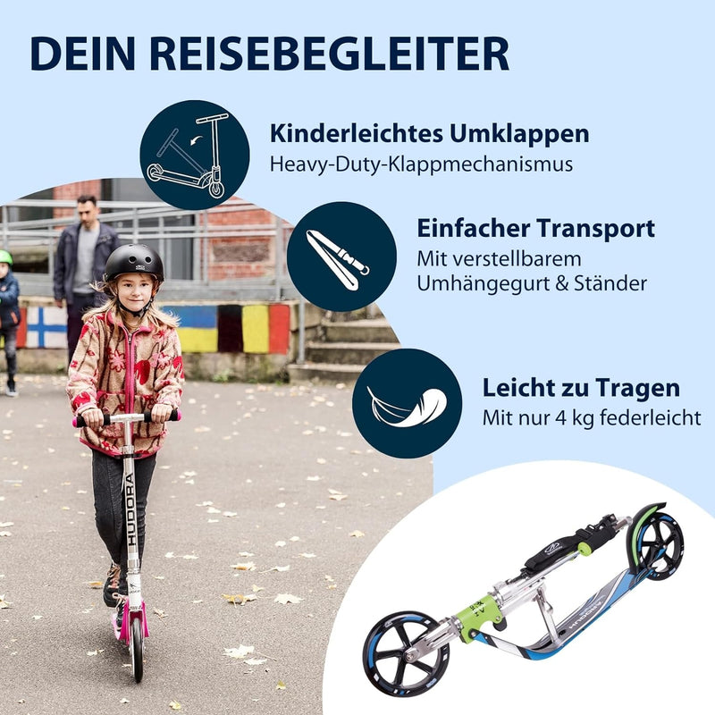 HUDORA BigWheel 205 Scooter - Stabiler Aluminium-Roller - Höhenjustierbarer & zusammenklappbarer Cit