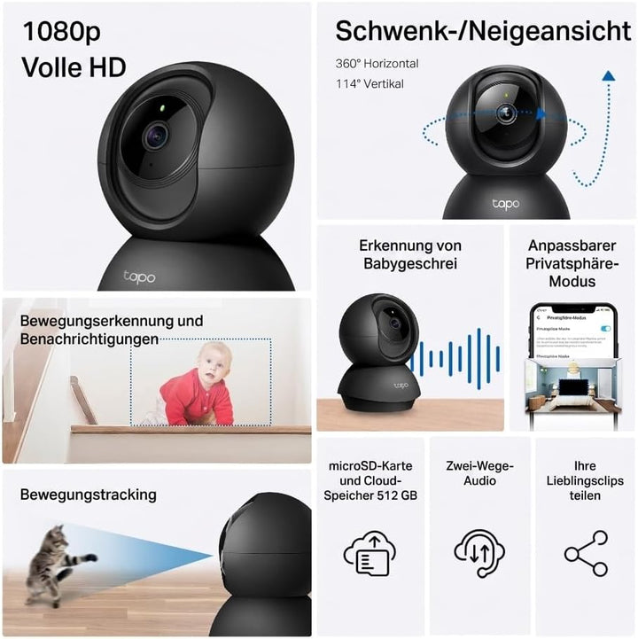Tapo C201 360° WLAN-Überwachungskamera für Innenräume, 1080P, Nachtsicht, Bewegungserkennung, Zwei-W