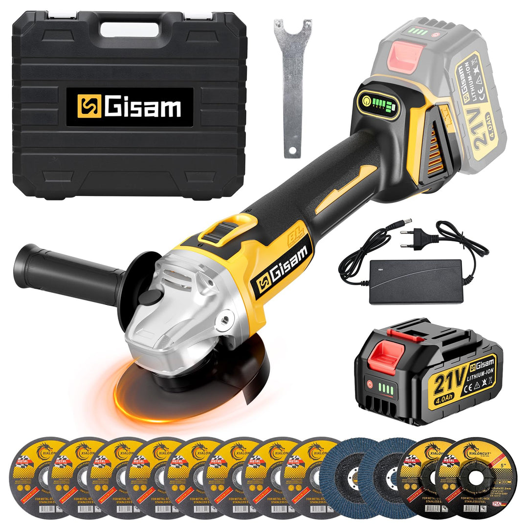 Gisam Akku Winkelschleifer 125mm, Bürstenloser Motor, 4 Drehzahlstufen, 10000 U/min für 18V Makita A