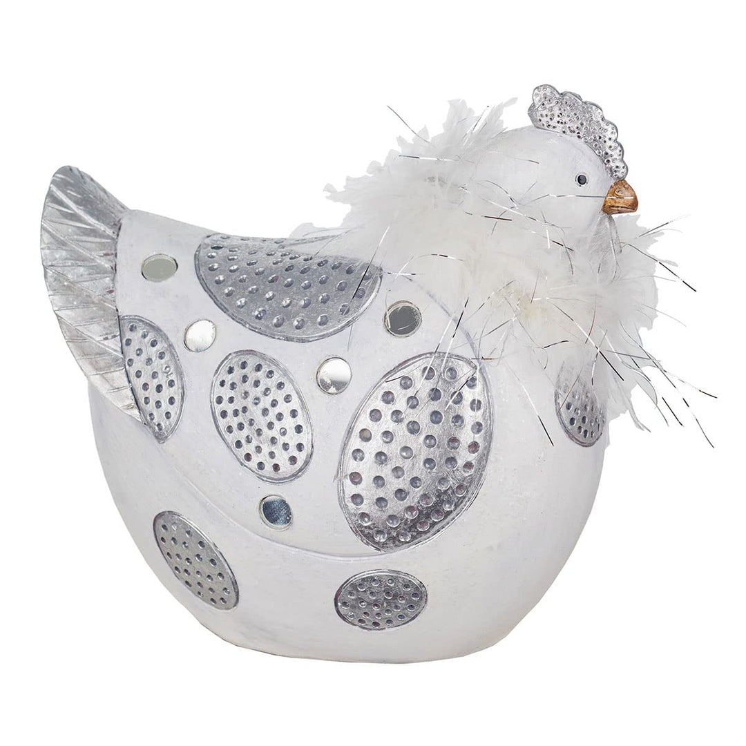 ROCKING GIFTS Dekofigur Henne aus silbernem und weissem Harz mit Federn, rustikale Innendekoration,