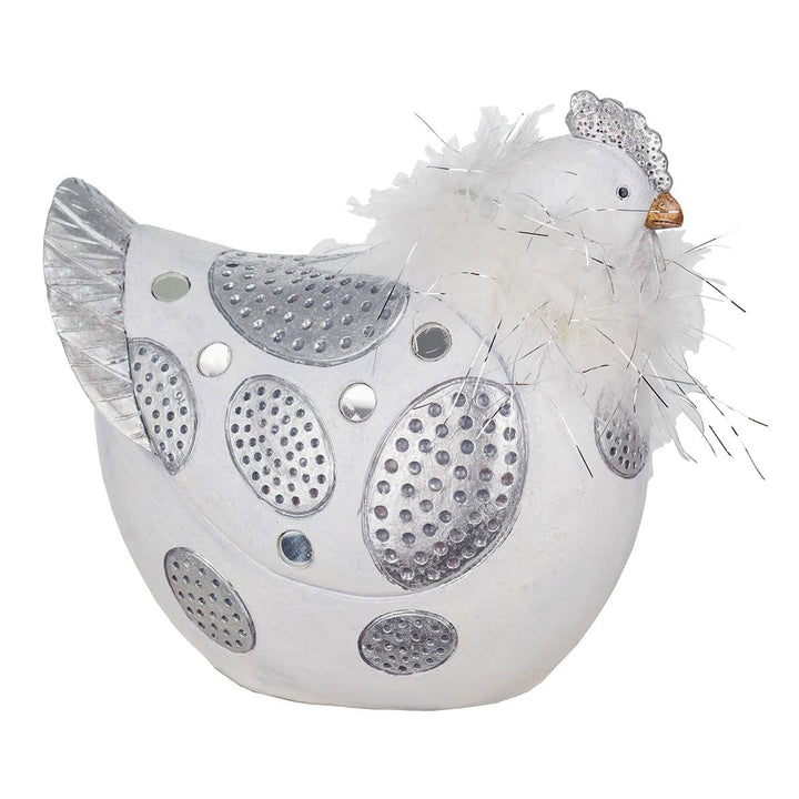 ROCKING GIFTS Dekofigur Henne aus silbernem und weissem Harz mit Federn, rustikale Innendekoration,