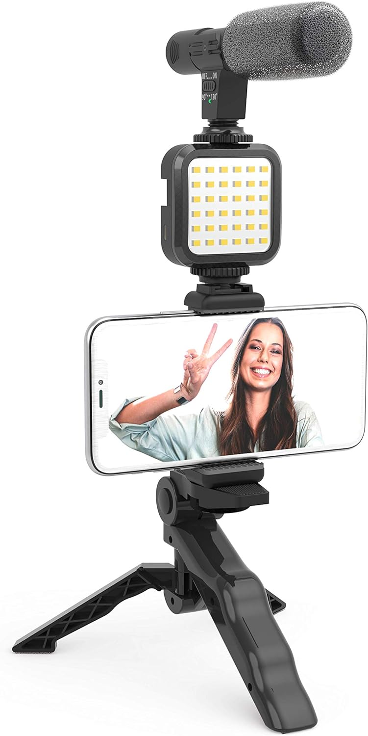 DigiPower Vlogging Set Like Me mit LED-Videoleuchte + Mikrofon + Handy Halterung + Handgriff/Mini-St