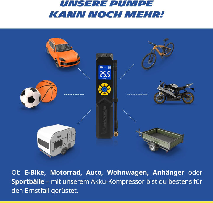 MICHELIN elektrische Fahrradpumpe | Luftpumpe | Akku Mini Kompressor mit LED Licht | 10 Bar/ 150 PSI