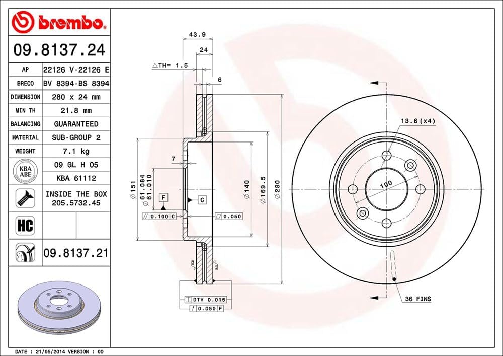 Brembo 09.8137.21 Vordere Bremsscheibe mit UV Lackierung, Anzahl 2