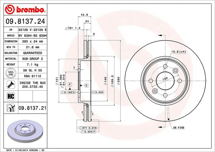 Brembo 09.8137.21 Vordere Bremsscheibe mit UV Lackierung, Anzahl 2