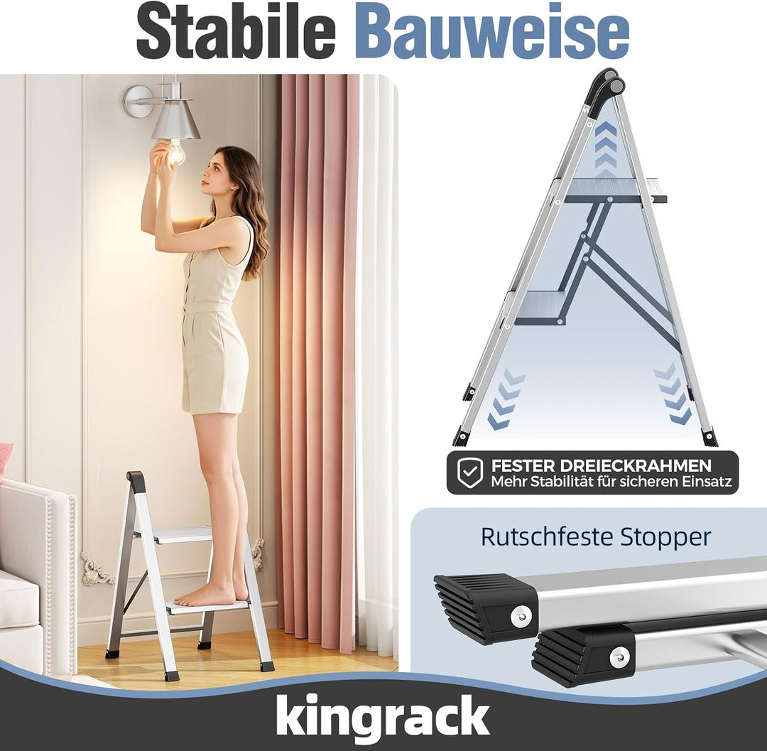 KINGRACK Trittleiter 2 Stufen Klappbar, Tritthocker aus Aluminium &amp; Stahl | Klapptritt mit Breite ru