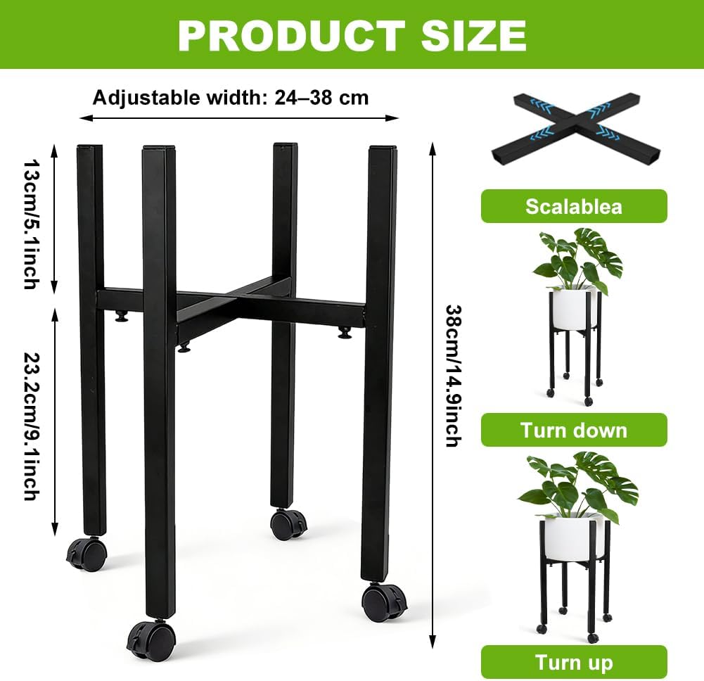 Blumenständer Metall Schwarz Verstellbar mit 4 Rollen, Blumenhocker & Pflanzenständer Hoch für Töpfe