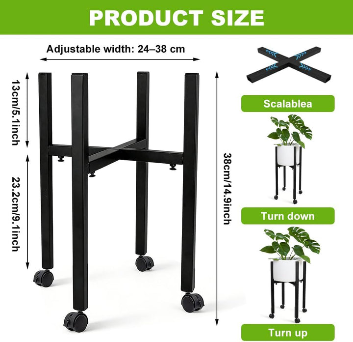 Blumenständer Metall Schwarz Verstellbar mit 4 Rollen, Blumenhocker & Pflanzenständer Hoch für Töpfe
