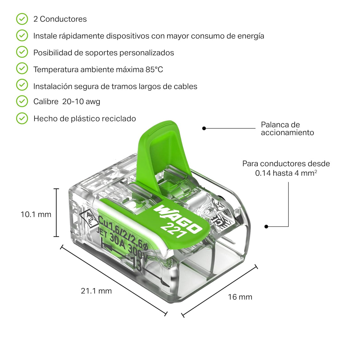 WAGO Green Range Klemme 2-Leiter, bis 4mm², Verbindungs-Klemmen 2-polig mit Hebel für alle Leiterart