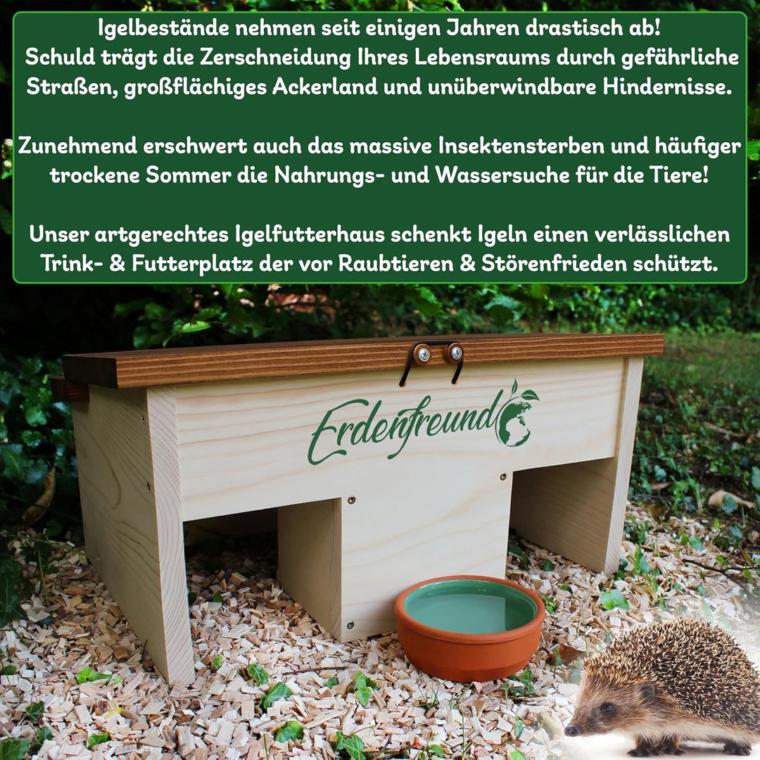 ERDENFREUND® Igelfutterhaus + 2er Set Wasser- & Futternapf Igelhaus kaufen artgerecht mit festem Dac