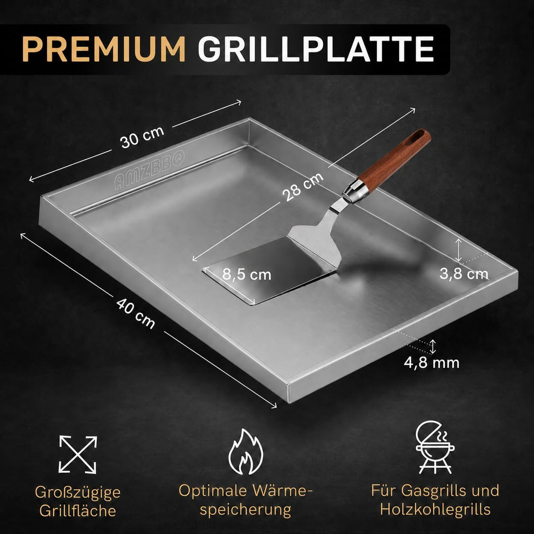 AMZBBQ® Premium Plancha Set - 40 x 30 cm - ca. 5 mm massiver Edelstahl - 20% stärker als herkömmlich