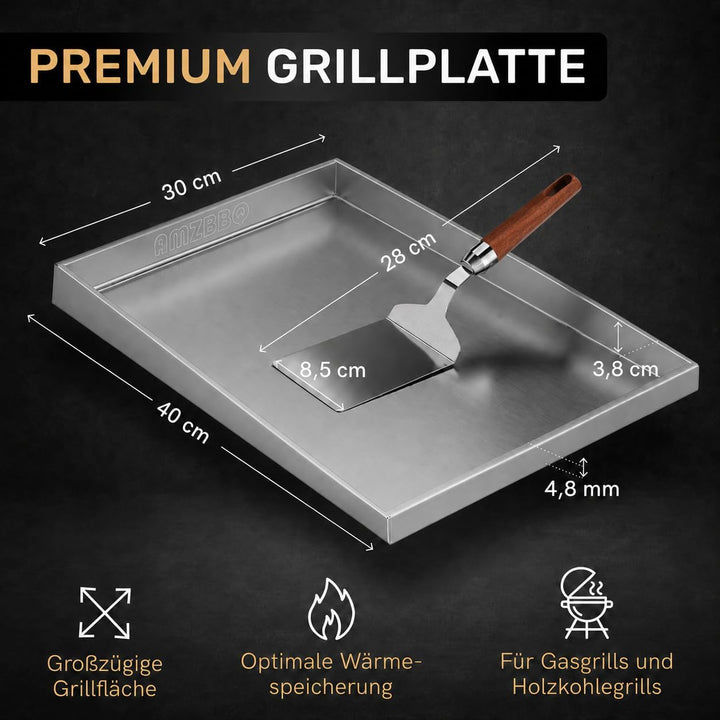 AMZBBQ® Premium Plancha Set - 40 x 30 cm - ca. 5 mm massiver Edelstahl - 20% stärker als herkömmlich