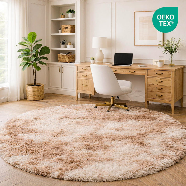 Teppich Wohnzimmer Khaki Ø 120 cm Flauschig Weich | Hochflor-Teppich, waschbar, rutschfest, weich. P