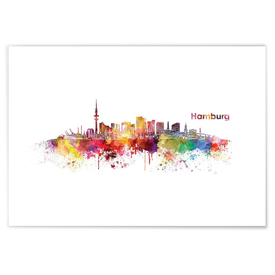 JUNIWORDS Poster mit/ohne Holzrahmen, Wähle ein Motiv, Aquarell Skyline Hamburg, Wähle eine Grösse,