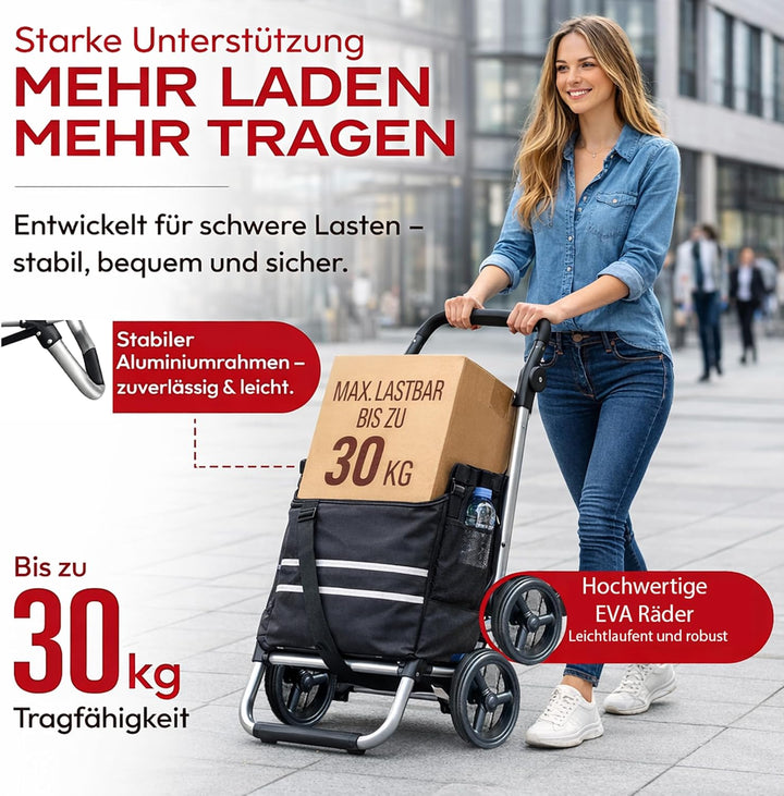 Faltbarer Aluminium Einkaufstrolley 57L (48L + 9L Kühlfach) Schwarz, 30kg Traglast, 35x45x98cm, Eva