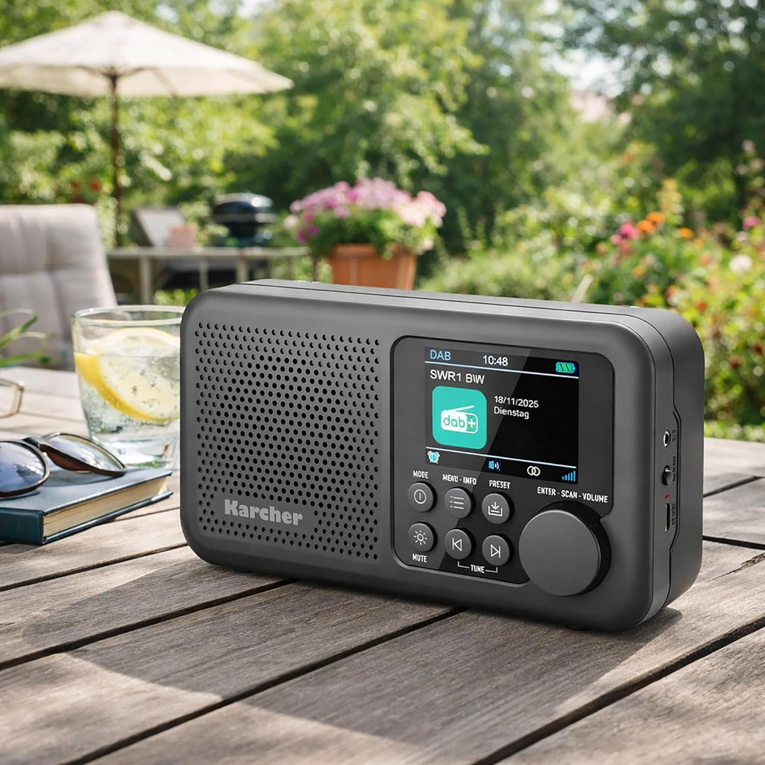 Karcher DAB+ Radio tragbar mit Akku (2200 mAh), Digitalradio DAB+ / UKW, Bluetooth Lautsprecher, 2,4